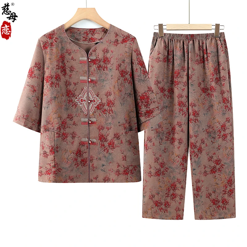 中老年人衬衫春夏装女中国风奶奶短袖两件套装妈妈夏季薄款衬衣服