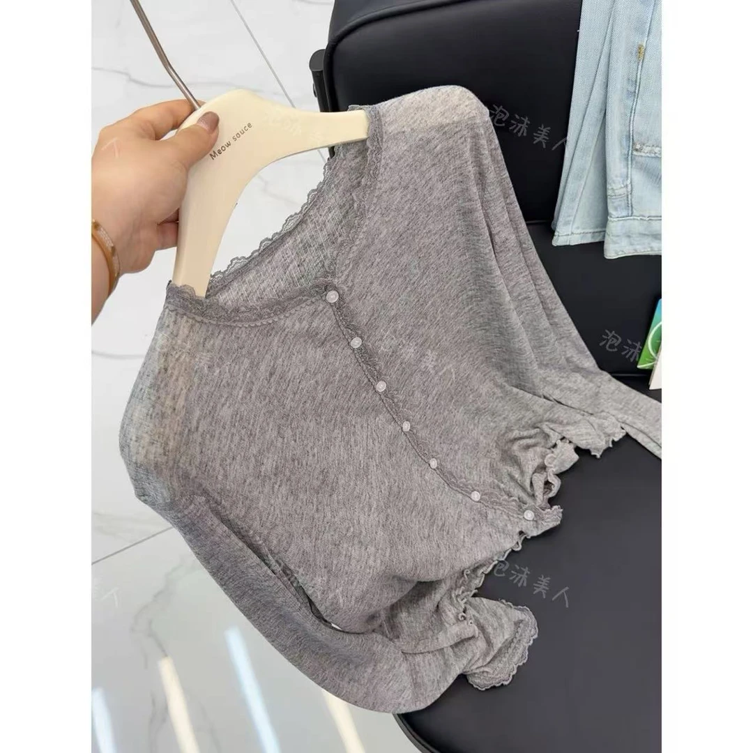 韩灰开衫」早秋超薄蕾丝花边外搭长袖上衣女针织开衫 25新