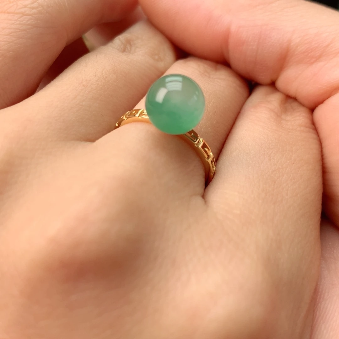 石英质玉冰飘花精品戒指银S925镀金镶嵌