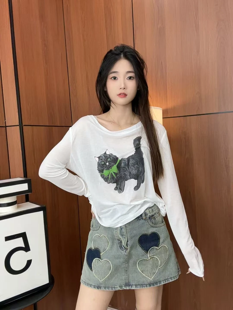 【绿领带小黑猫】凉感绿领带小黑猫防晒衫女韩系宽松流行百搭上衣