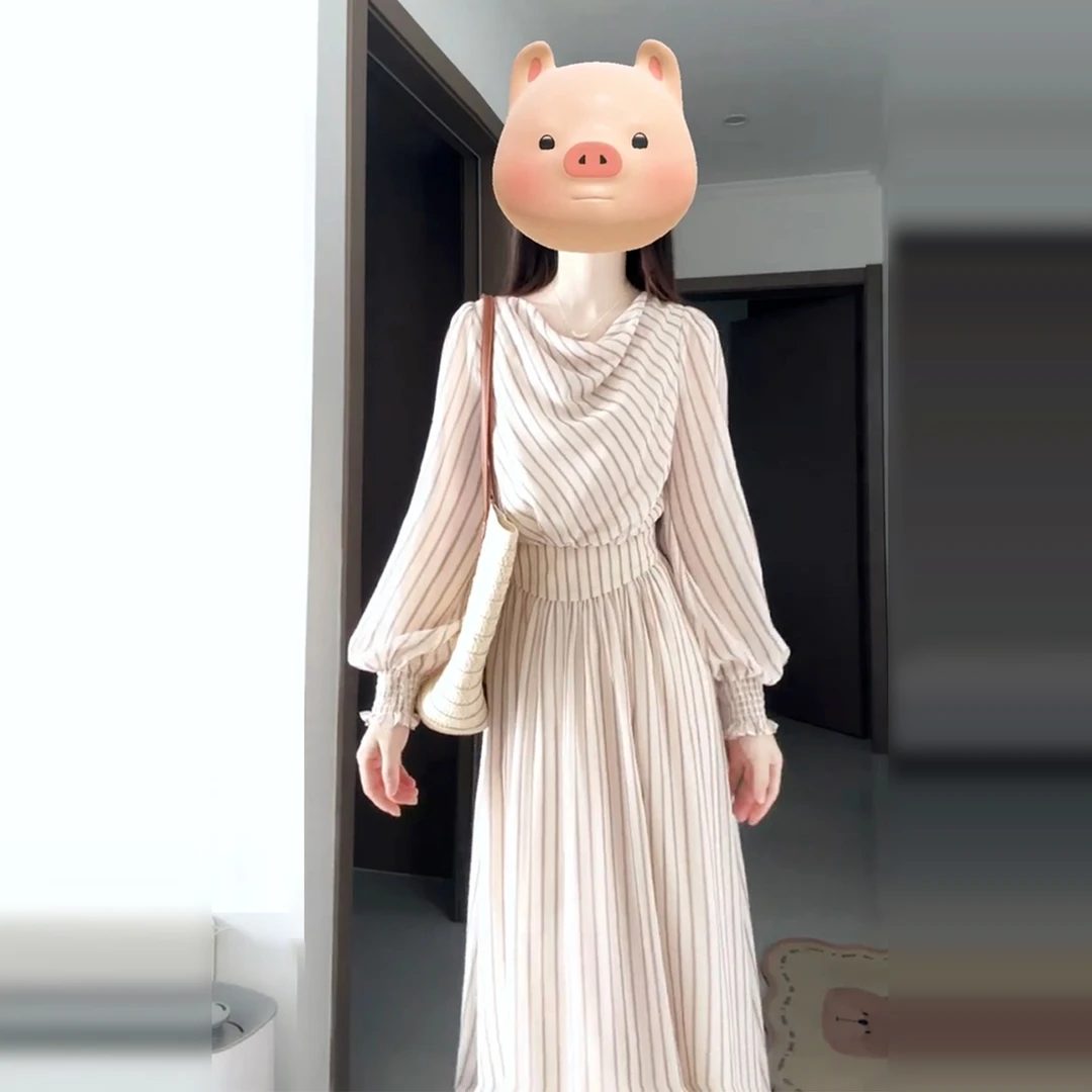 【现货+运补】法式荡领条纹长袖连衣裙早秋季绝美收腰长裙7504