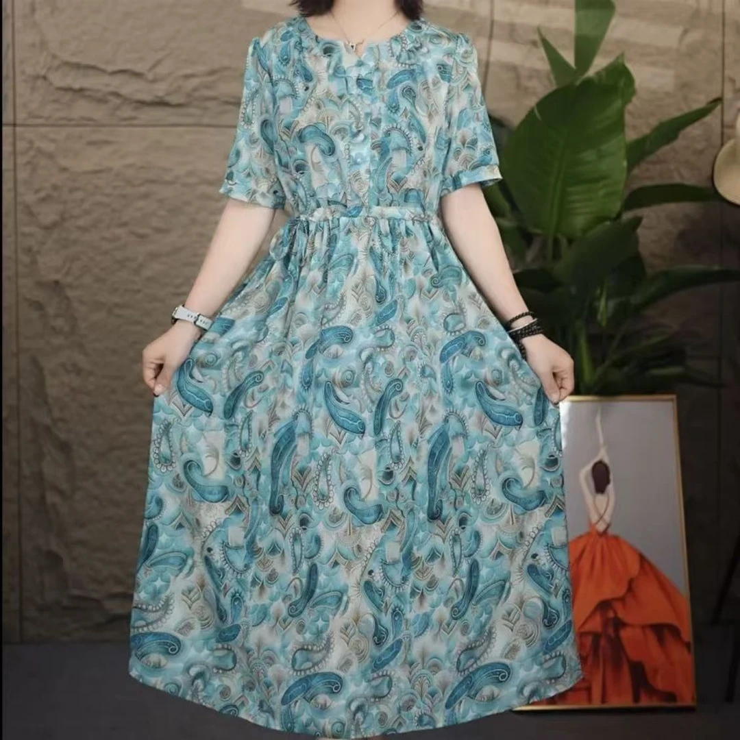 蓝色佩斯利裙不褪色碎花雾中迷蒙收腰连衣裙气质女装印花朋克风