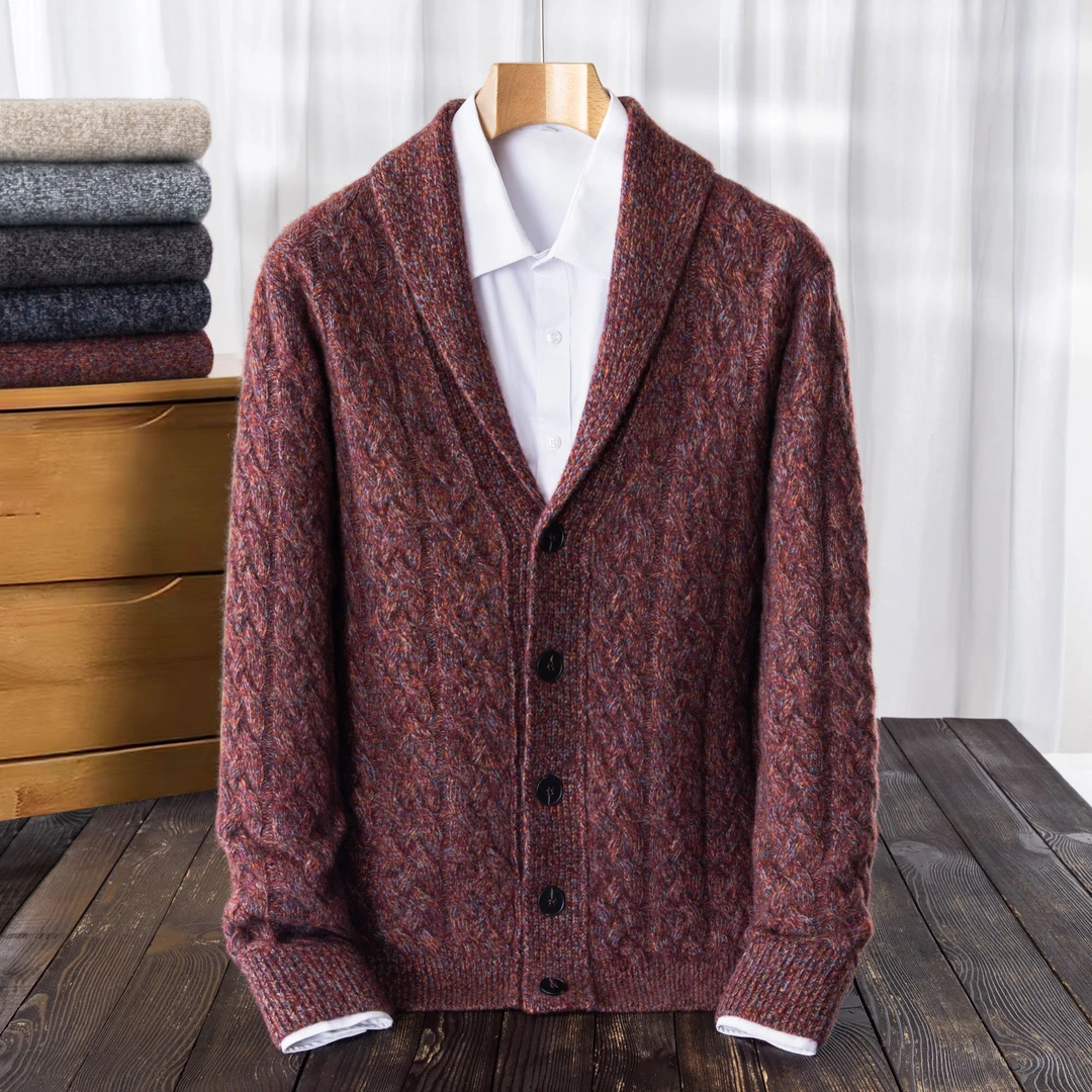 100%羊绒衫男开衫外套针织衫2025新款中老年爸爸装红色宽松毛衣