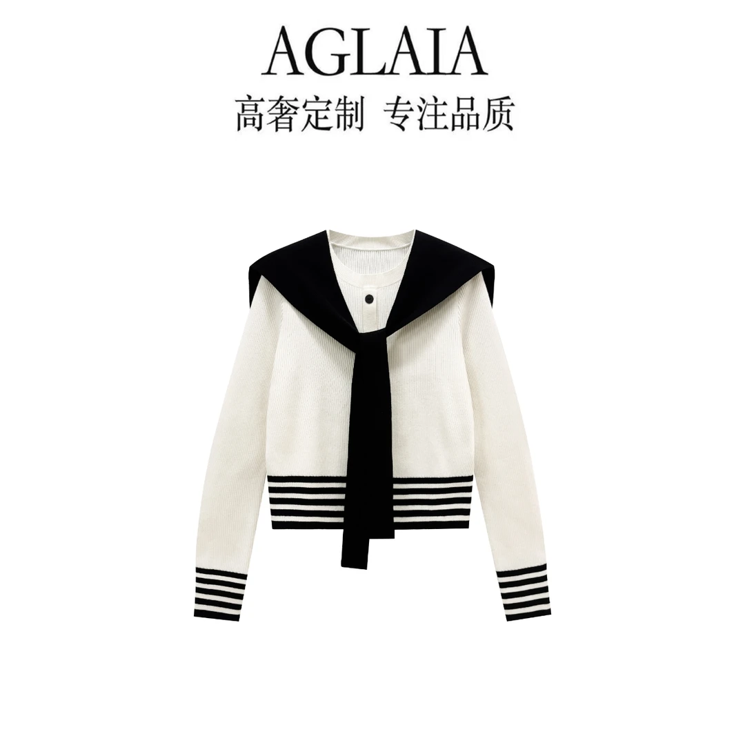AGLAIA~秋季新款学院风宽松显瘦撞色披肩条纹套头针织衫上衣6279
