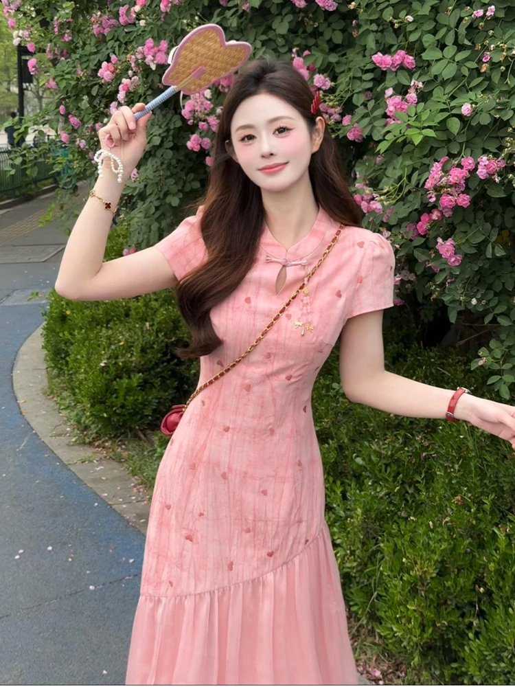 2025夏季新款新中式晕染爱心旗袍夏新品假两件连衣裙