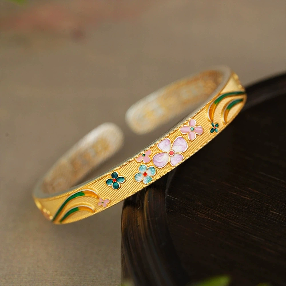 足银手镯 小银匠足银999描金珐琅彩四叶草手镯子女古风纯银手环