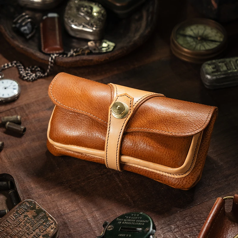 大汉原创Menta魔鬼鱼双斗烟斗收纳包意大利植鞣牛皮手工三铝盒位