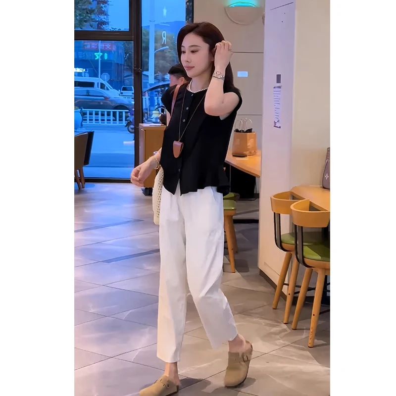 夏季穿搭一整套设计感黑色短袖衬衫显瘦百搭阔腿裤气质休闲两件套