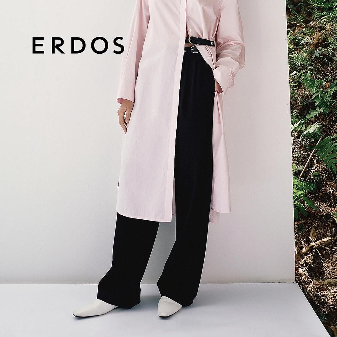 【精纺羊毛斜纹直筒裤】ERDOS 可调节皮袢宽松长裤春