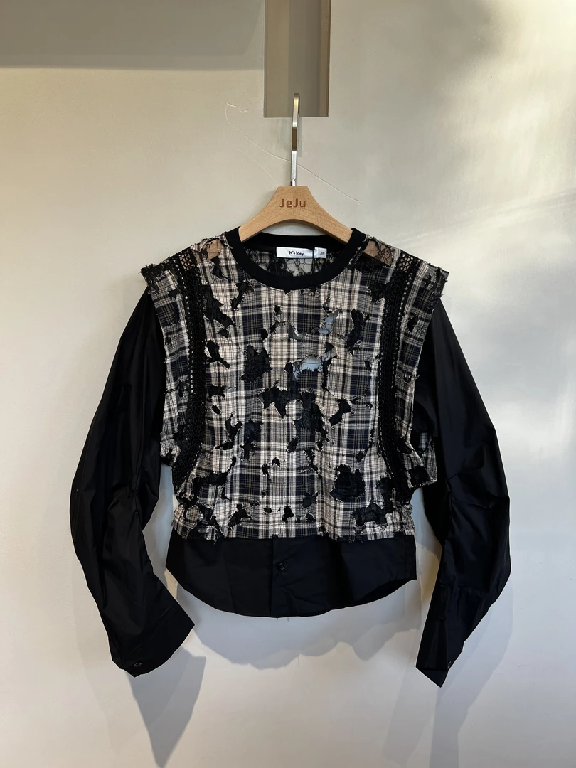 【济州岛】N99 早秋款格纹拼接破洞假两件衬衫 L1942A