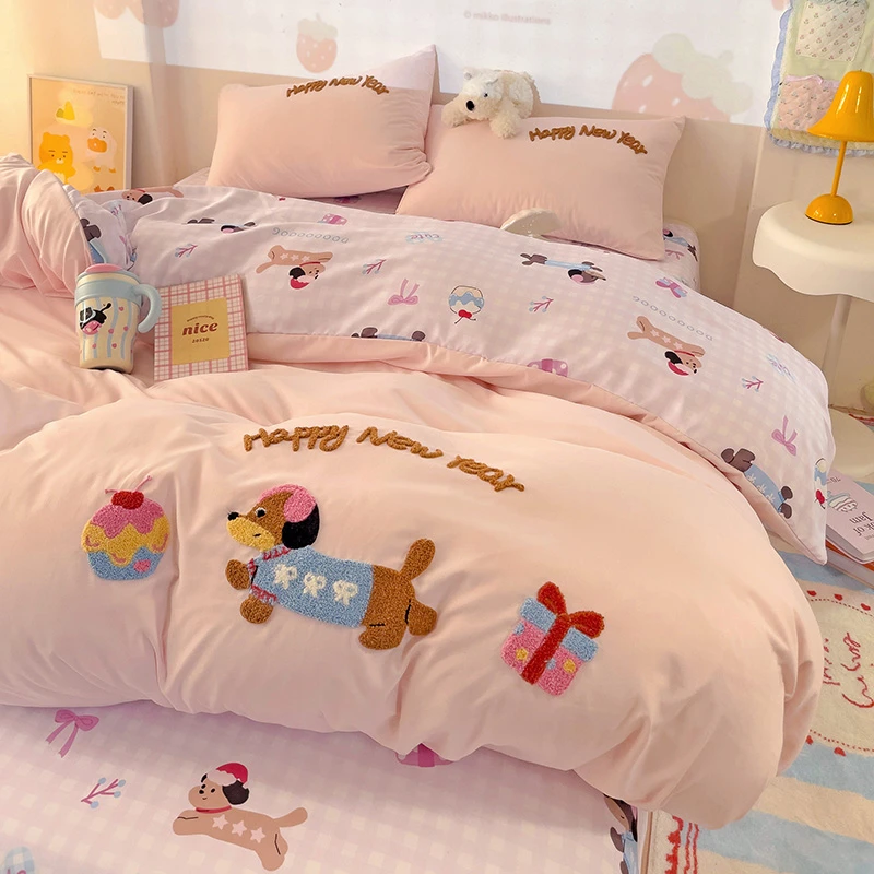 新款云朵棉毛巾绣可爱印花四件套亲肤柔软三件套宿舍学生床品套件