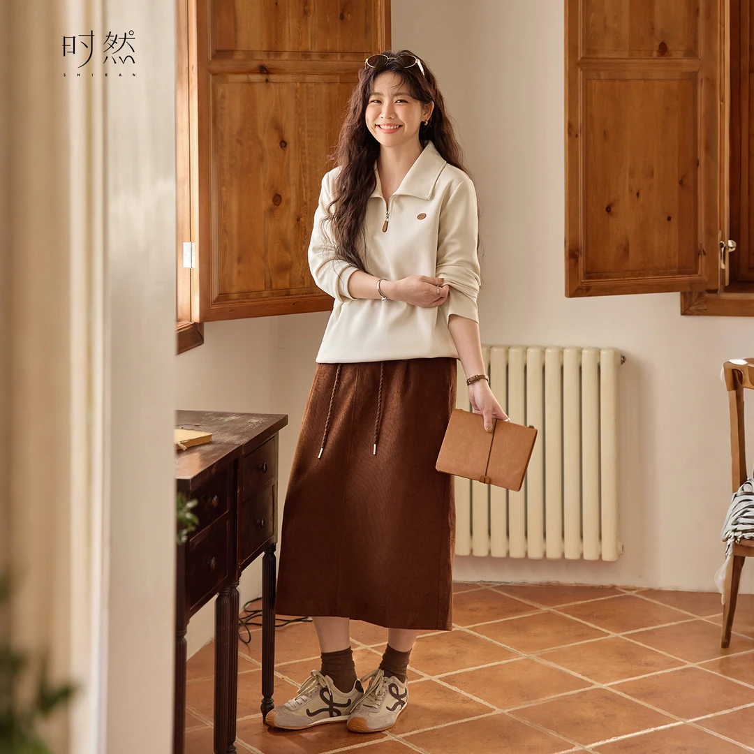 时然【轻羽廓形】微胖大码女装宽松POLO翻领复古时髦休闲风卫衣套装