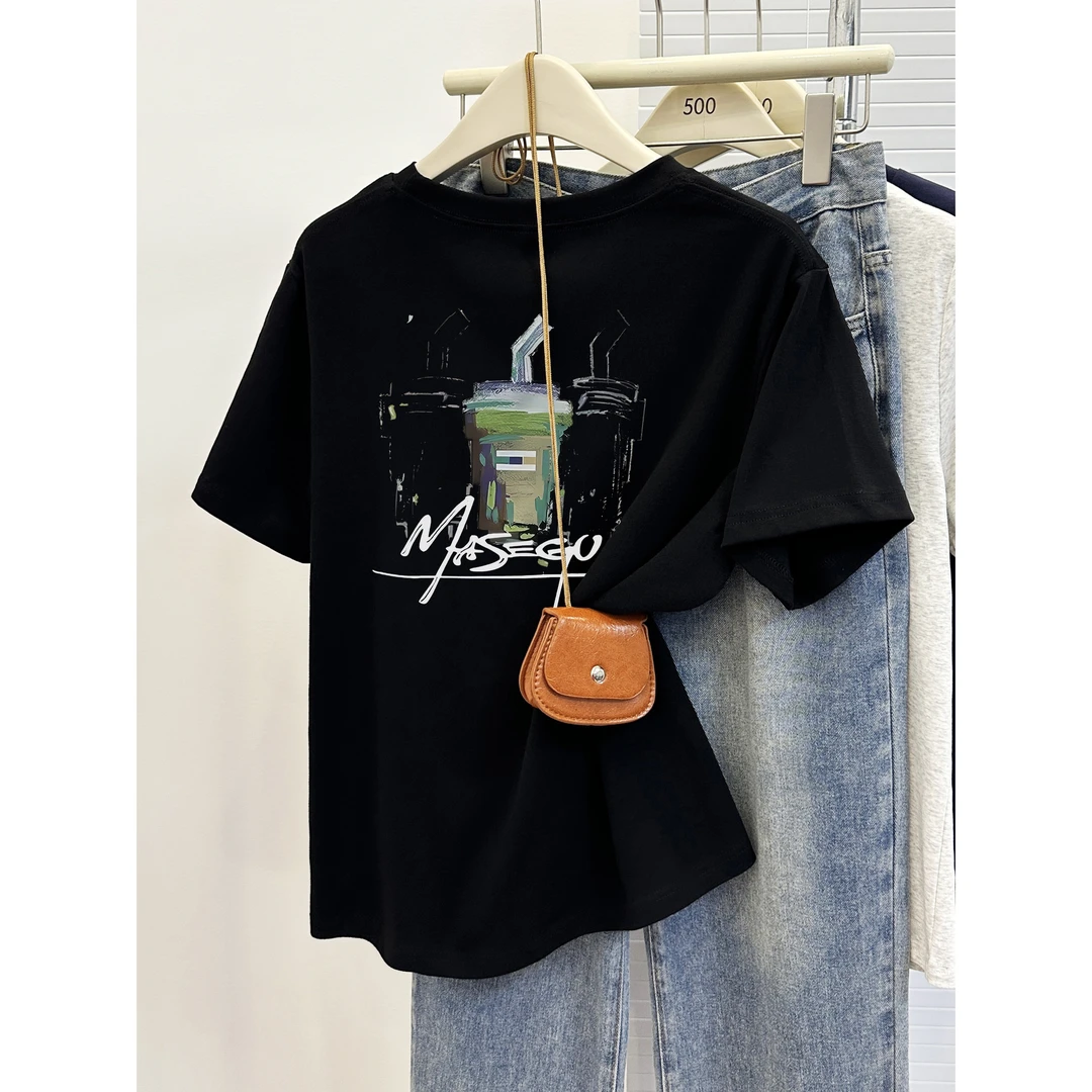 大码女装时尚正肩圆领t恤衫2025夏季新款短袖胖mm显瘦款上衣潮牌