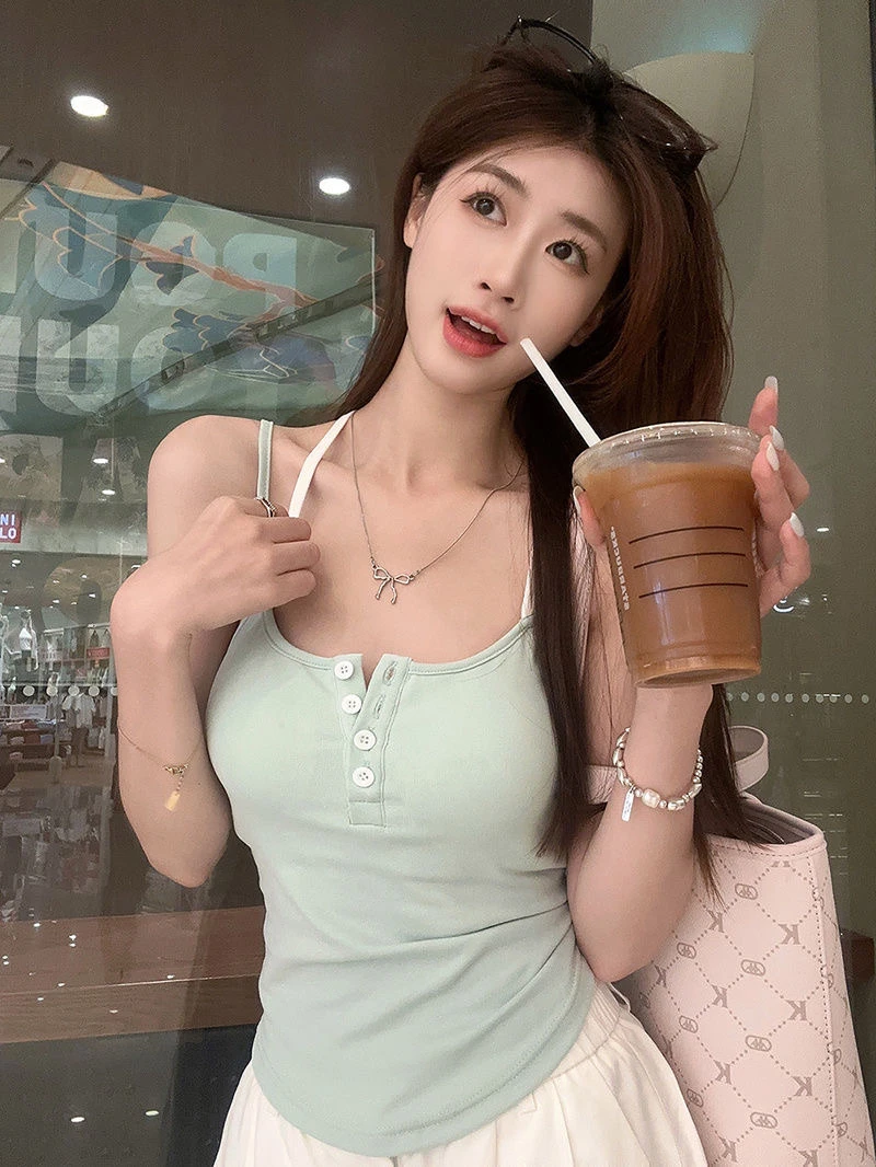 辣妹小众撞色挂脖背心女碎花设计感修身美背短款露脐外穿吊带上衣