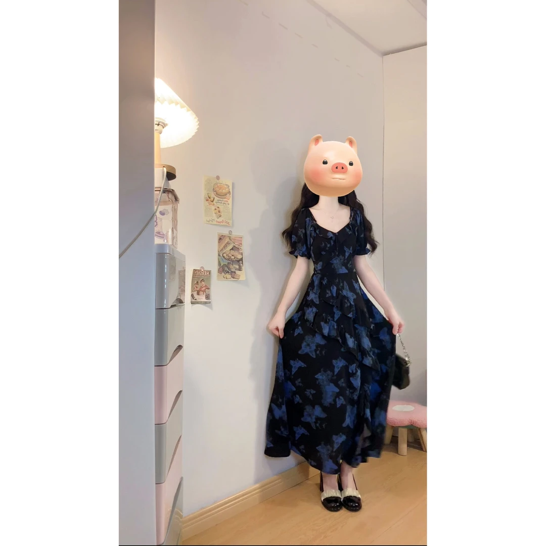 夏季不规则印花蝴蝶碎花掐腰显瘦长裙