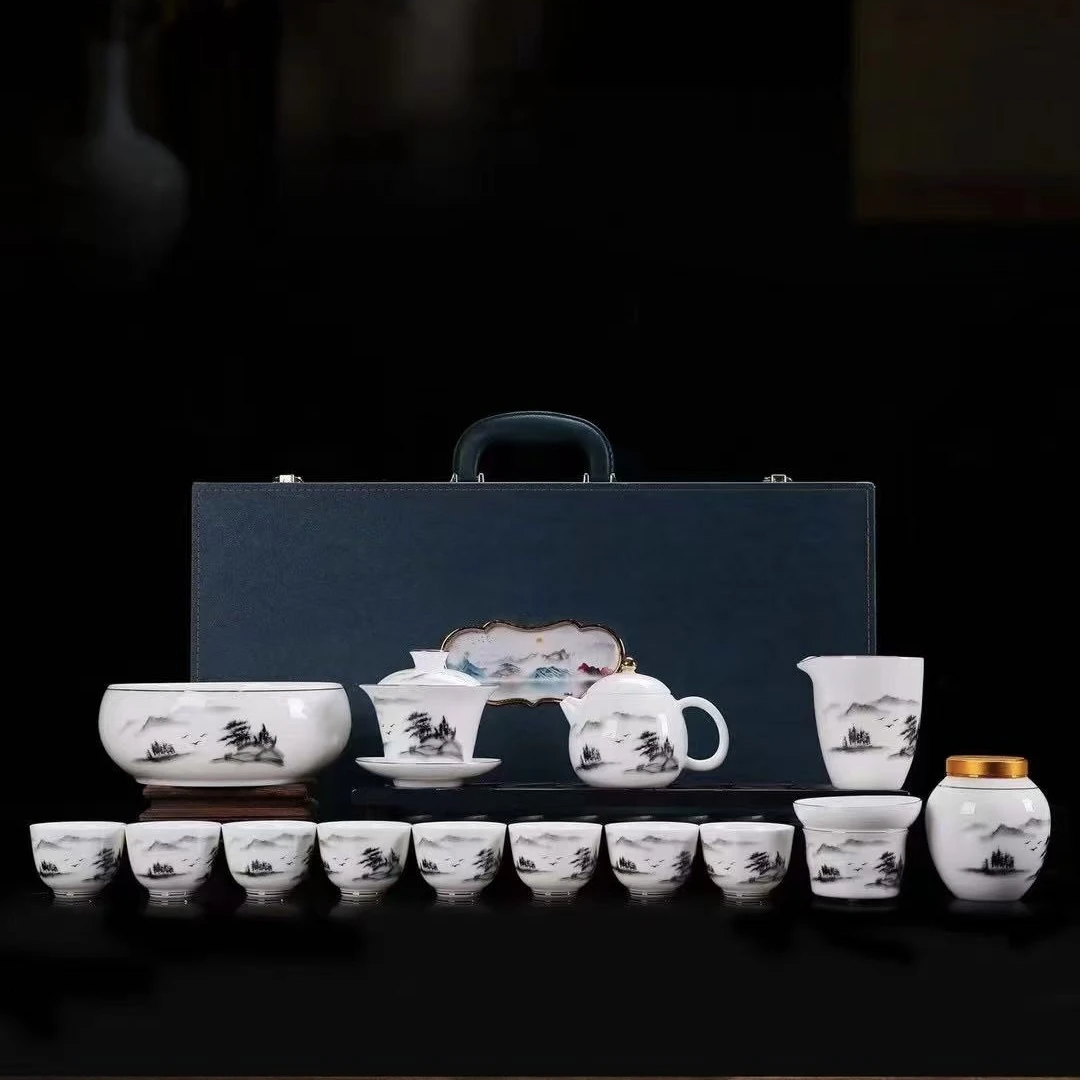羊脂玉水墨山水描金茶具套装家用高档白瓷防烫盖碗茶杯礼盒装