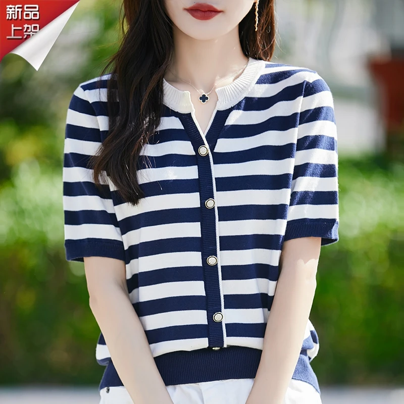 品牌夏季纯棉短袖针织衫显瘦韩版宽松女士洋气上衣条纹假开衫
