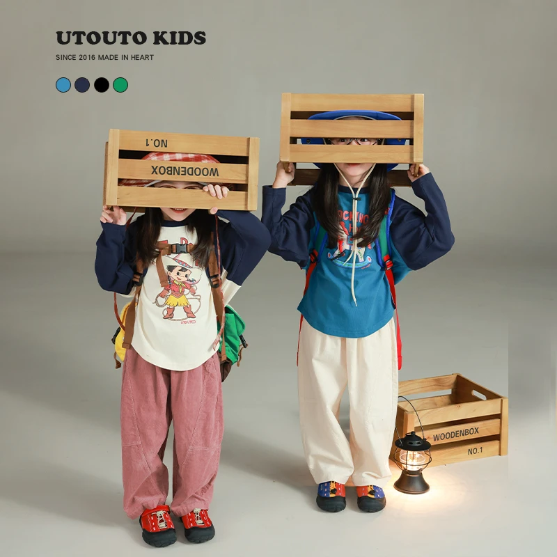 utouto大耳象女童卡通印花插肩T恤2025秋季新款纯棉上衣2501081