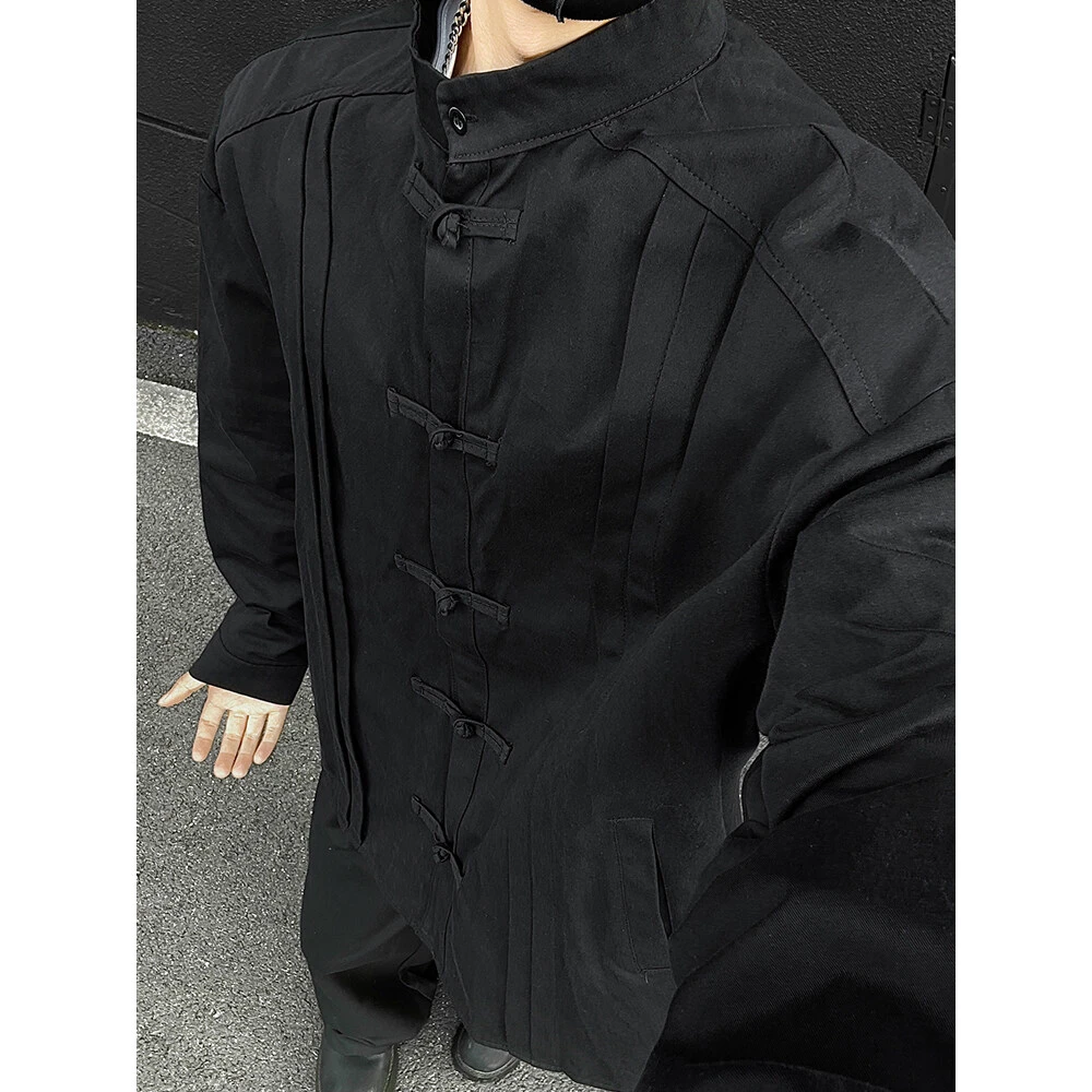 新中式男装国风盘扣衬衫春季高级感黑色衬衣长袖唐装外套订婚礼服