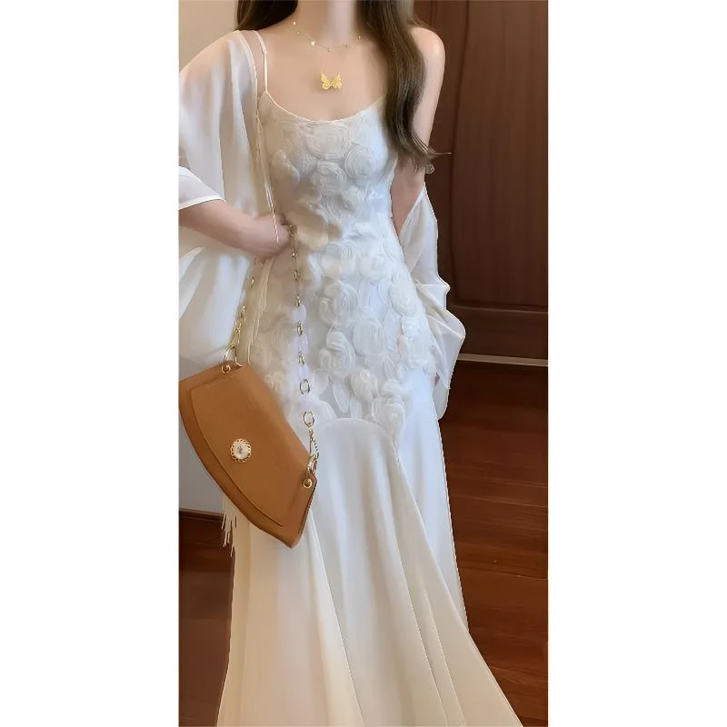 新中式国风立体玫瑰盘绣吊带连衣裙鱼尾长裙&流苏防晒空调衫9369