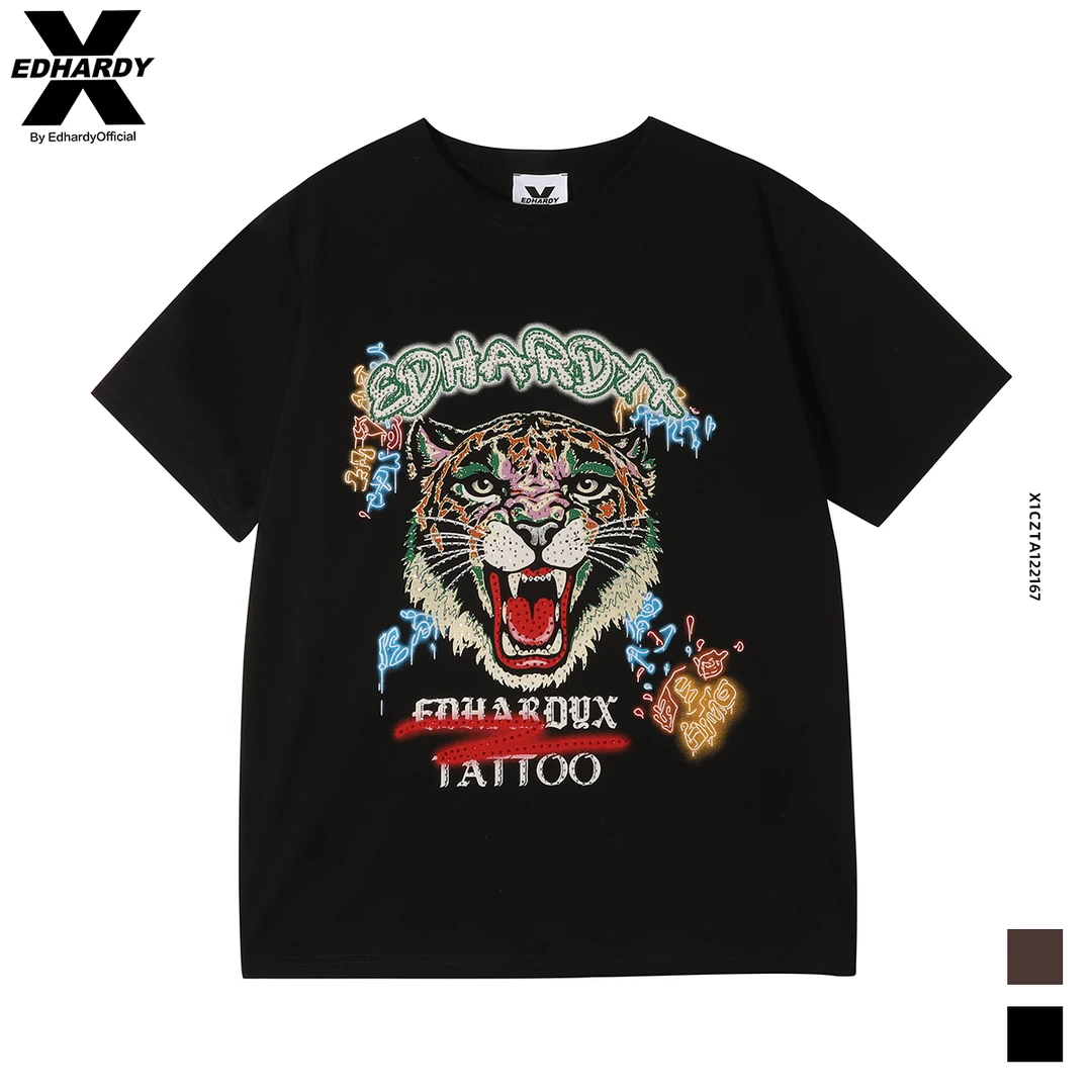 【李晨nic专属】EDHAARDY X霓虹烫钻虎头宽松圆领短袖X1CZTA122167