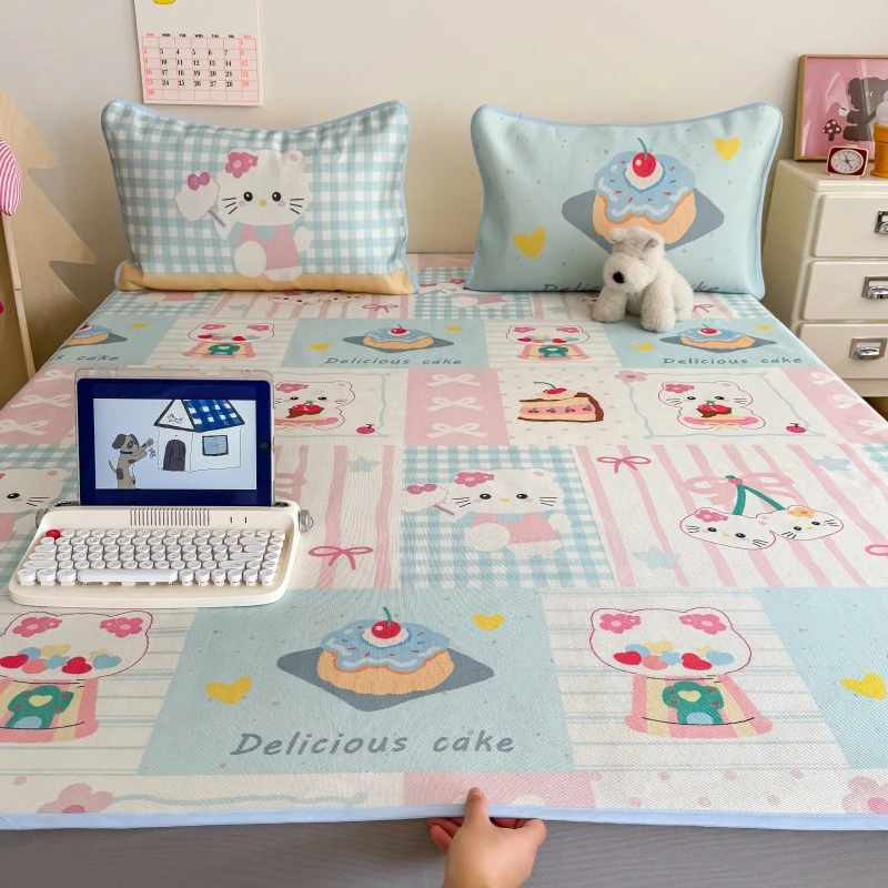 萌系拼接猫咪冰藤凉席亲肤透气1.5m1.8空调软席床笠宿舍冰丝席1.2