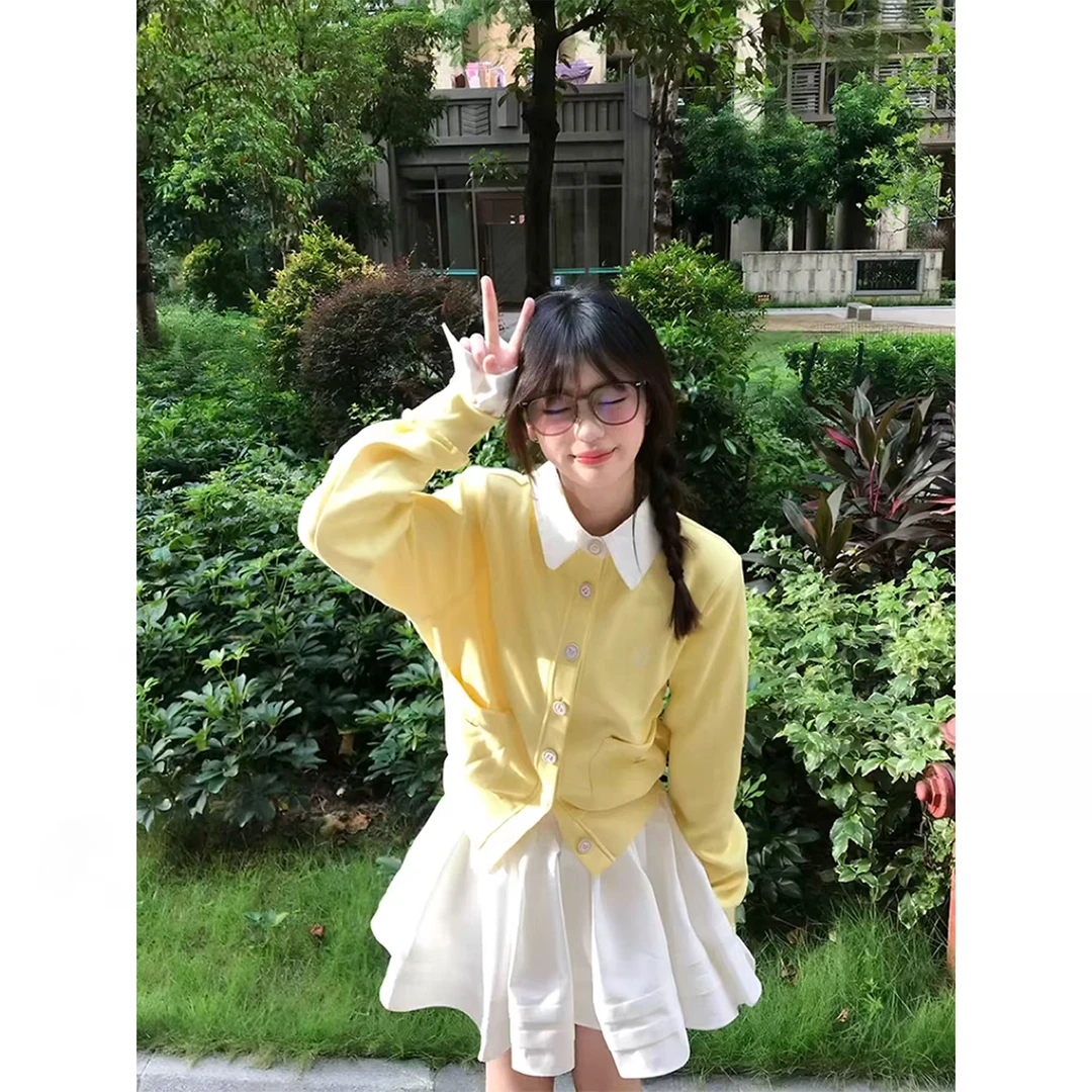 H2AN1 STUDIO慵懒风上衣撞色拼接假两件针织开衫黄色毛衣外套女秋