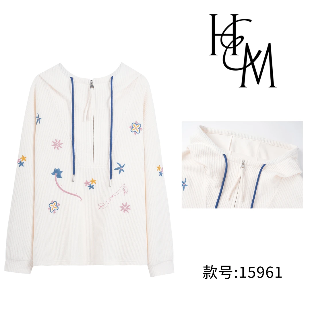 时尚设计师款慵懒风半拉链绣花连帽卫衣【15961】