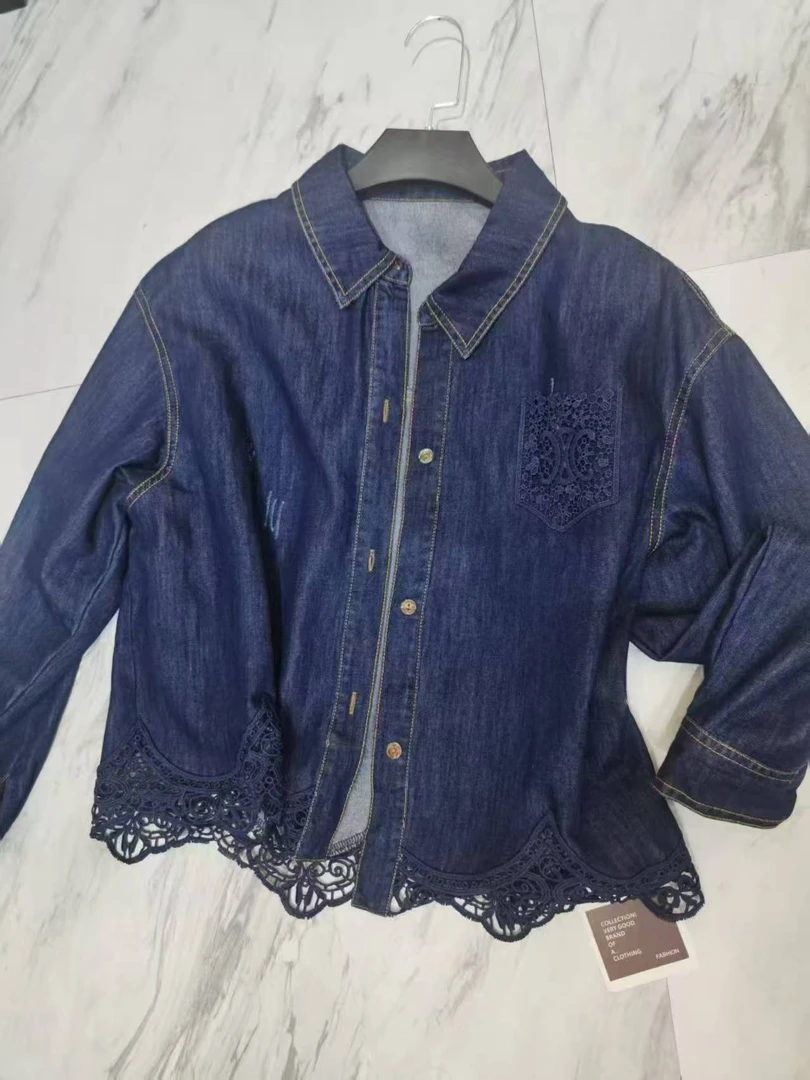 NFM女驸马新款韩版时尚蕾丝镂空牛仔衬衫80130