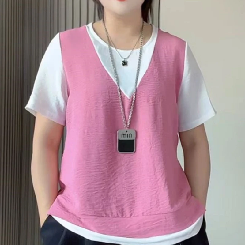 D宽松假两件短袖V领遮肉显瘦时尚百搭短袖T恤女上衣2551