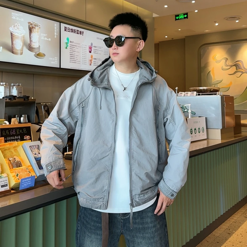 LKT.NINE春秋美式复古灰色连帽拉链外套男宽松水洗做旧夹克99033