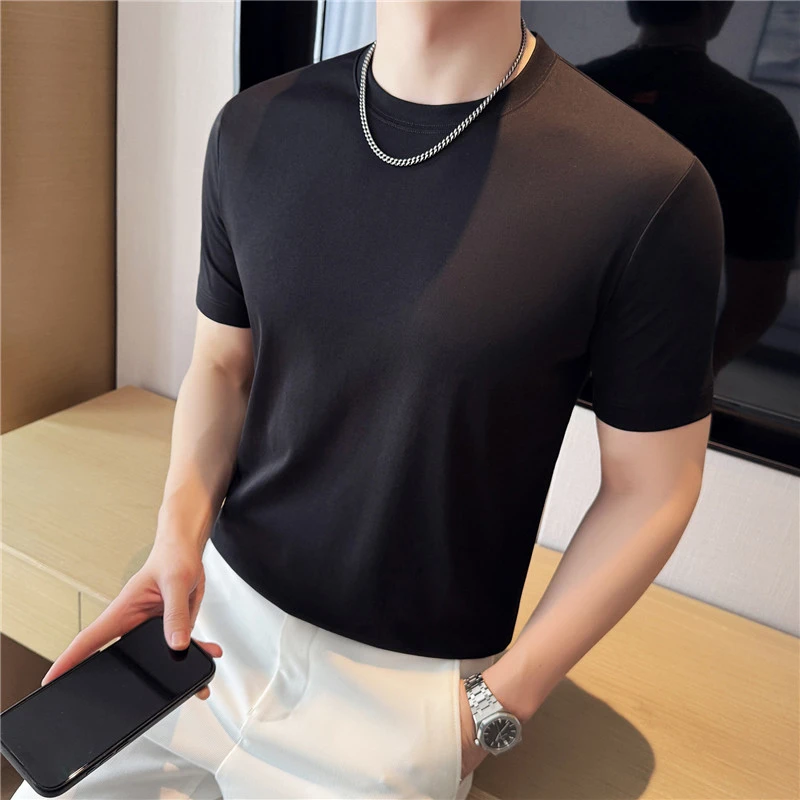 夏季冰丝薄款圆领短袖T恤男后背装饰设计感液氨棉抗菌抗皱打底衫