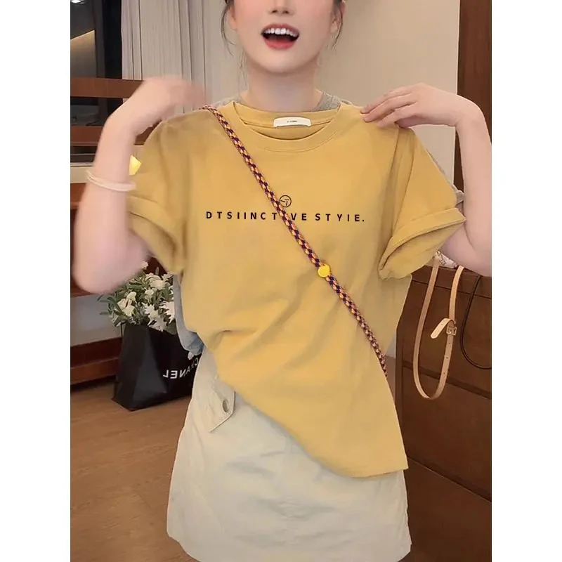 正肩圆领短袖t恤女装设计感时尚百搭芒果黄色上衣2025新款夏季潮