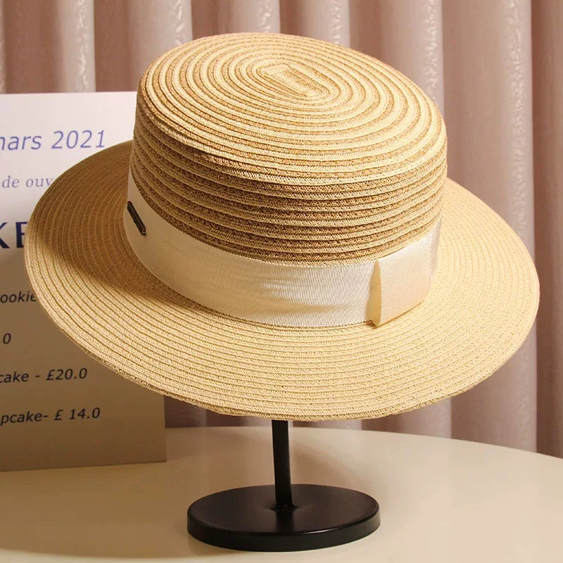 法式赫本风条纹拼色平顶草帽女夏季海边出游遮阳帽显脸小防晒礼帽