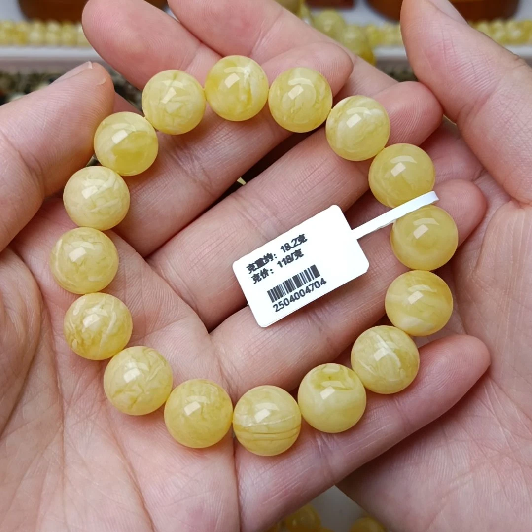 未镶嵌蜜蜡手链12大加圆珠浓蜡白花蜡虎皮纹妖花手围16