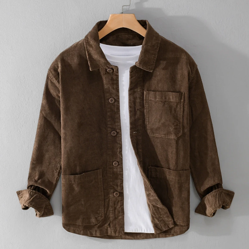 春秋新款男装休闲宽松灯芯绒夹克外套舒适亚麻简约青年百搭男上衣