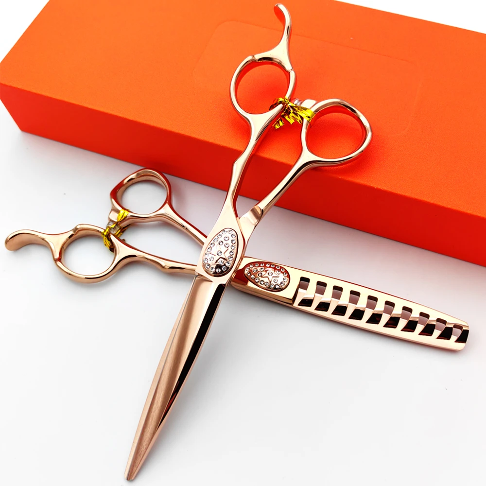 高档玫瑰金6寸专业美发剪刀日本理发店发廊发型师用平剪鱼骨牙剪