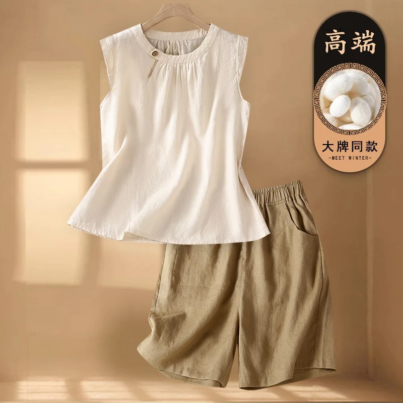 妈妈夏装洋气苎麻无袖衬衫套装女2025新款高端亚麻阔腿短裤两件套