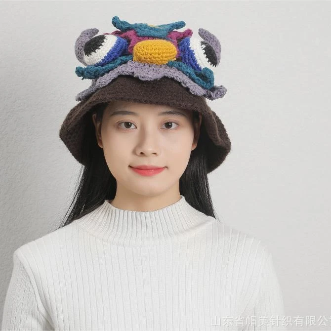 2022秋冬新款手工编织毛线帽子渔夫帽子中国风吉祥兽造型男女通用