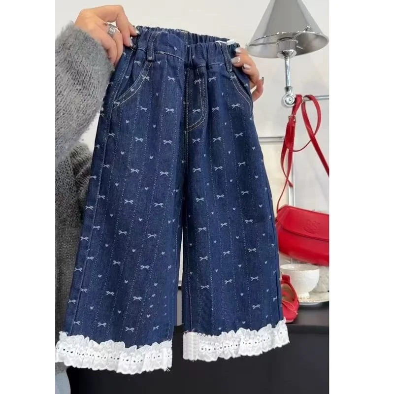 4840女童时髦洋气休闲百搭春秋季蝴蝶结花边牛仔裤