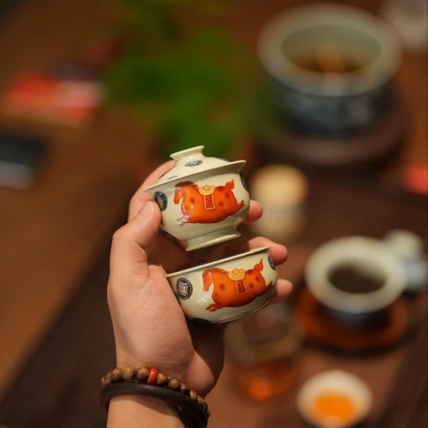 青花矾红马上发财迷你小盖碗60cc手工纯手绘一碗一杯茶器茶具