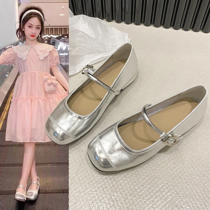 女童浅口银色单鞋2025春秋款中大童儿童公主小皮鞋春季演出舞蹈鞋