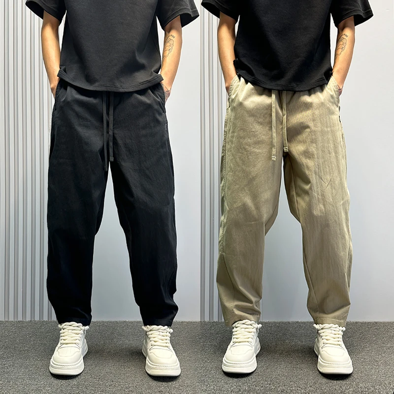 卡其色裤子男夏季薄款速干休闲裤痞帅潮牌宽松直筒裤男生微锥男裤