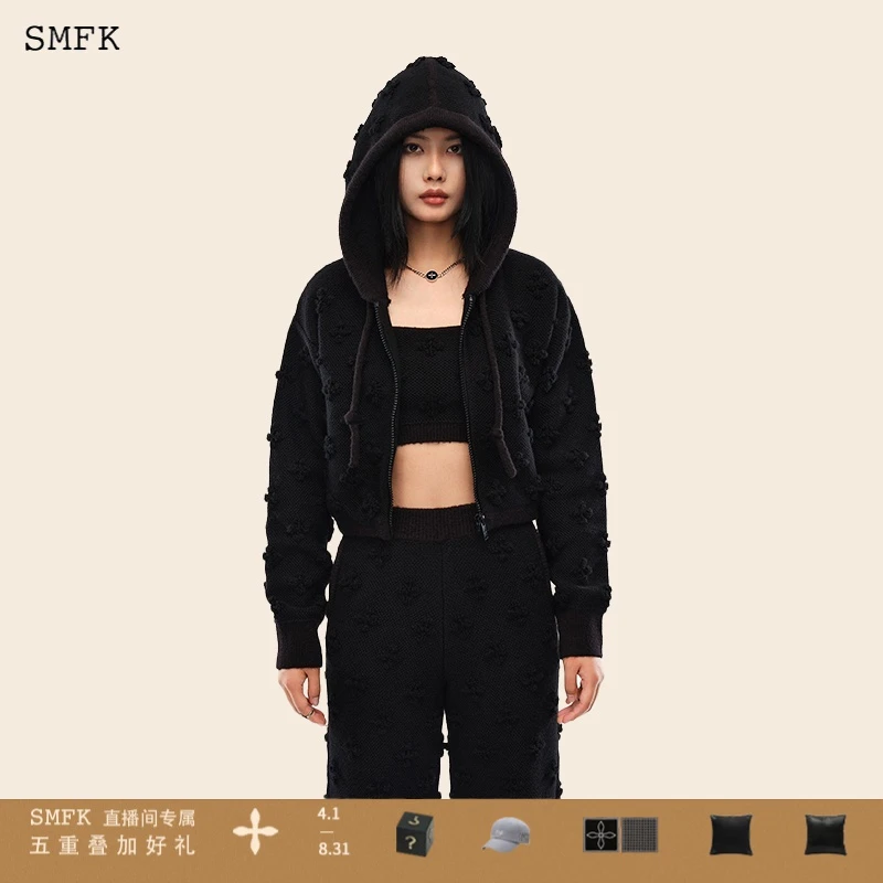 SMFK花园针织短帽衫 UG007B+ 黑色短款暗纹百搭外套