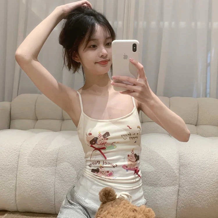 带胸垫甜美可爱卡通小狗印花吊带背心女夏纯欲风性感外穿内搭上衣