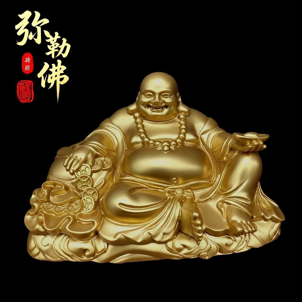 卧影（金色大肚弥勒佛）茶宠中式桌面茶宠招财工艺品摆件笑佛弥勒佛