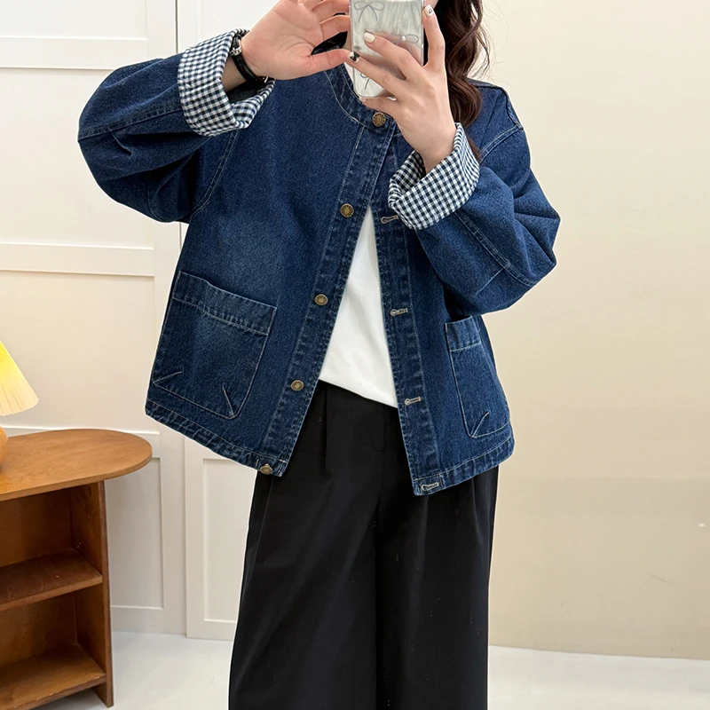（韩版格子拼接牛仔外套）85016早秋新款洋气休闲百搭圆领上衣D