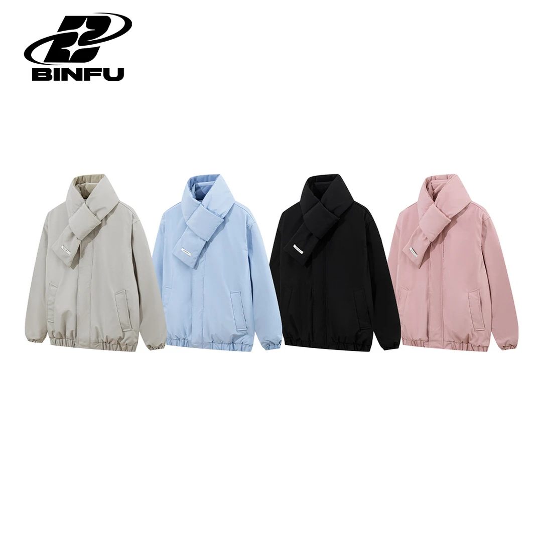 BINFU 冬季自带围巾情侣装防风棉服 宽松男女同款立领棉衣厚外套