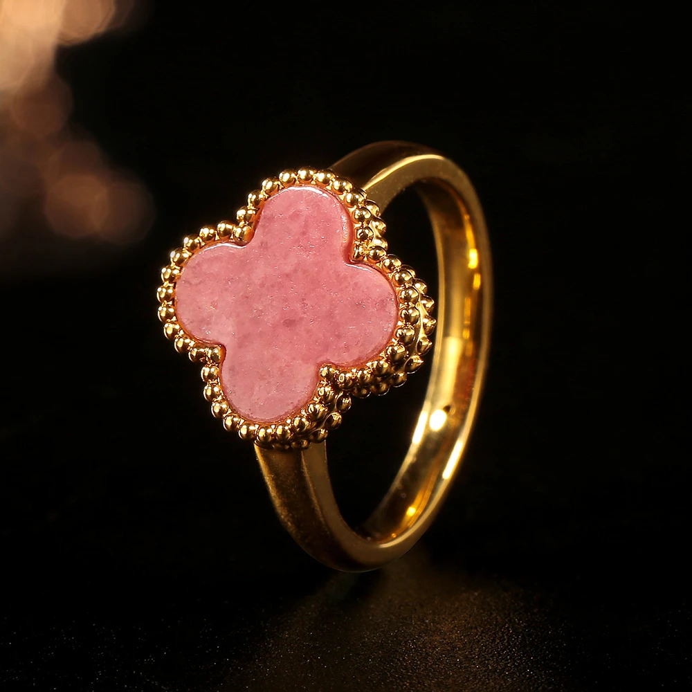 【倩倩专属】18K金四叶草蔷薇石戒指 时尚轻奢气质经典