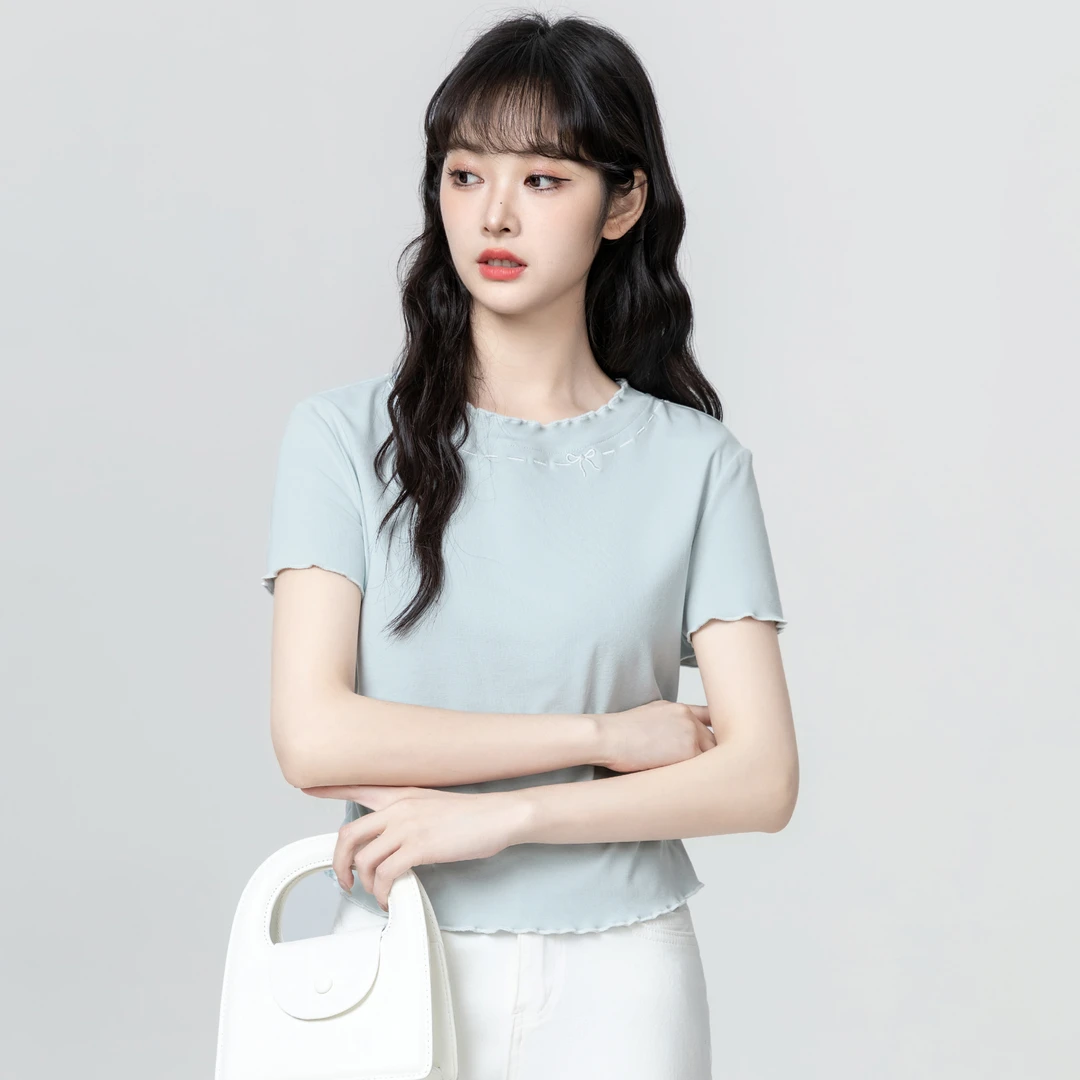 蓝色圆领短袖T恤女夏2025夏季新款设计感木耳边显瘦体恤短款上衣